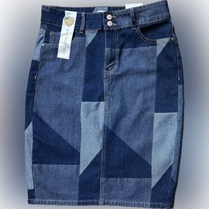 NWT Vintage Violet SZ L blue patchwork print denim skirt/5-pockets/waist 33”